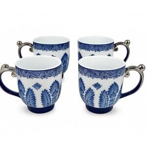 Bombay Co. Blue & White China 4 Piece Cup Set Vintage Silver Handle Coffee Tea